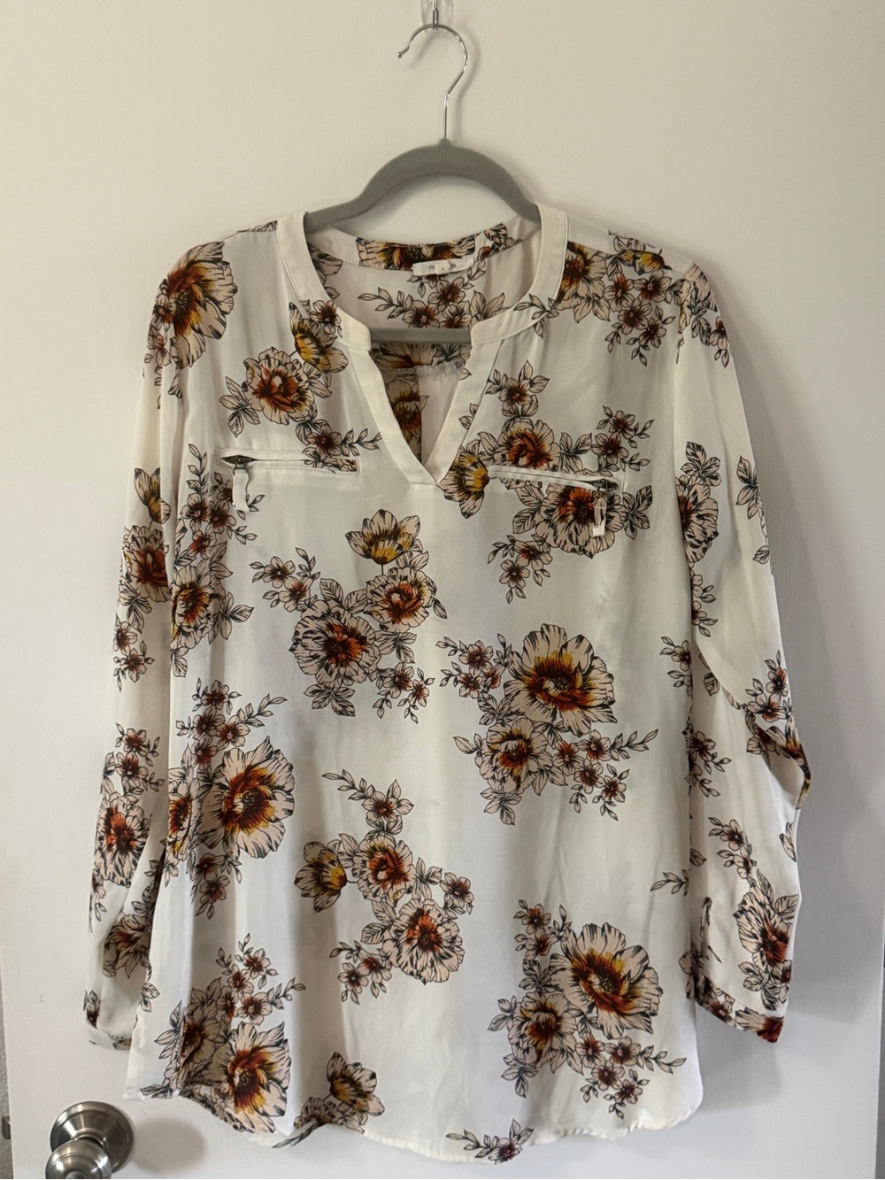 Floral Split-Neck Blouse - White with Brown & Gold Print